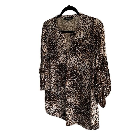 JONES STUDIO Leopard Cheetah Print Popover Blouse Brown Black M - Picture 2 of 6